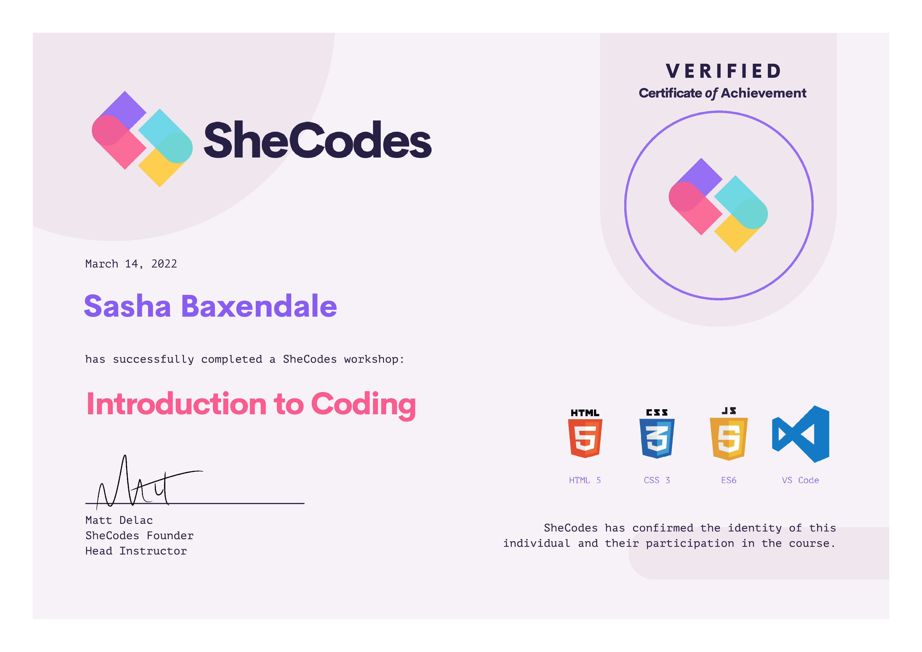 SheCodes Basic certificate